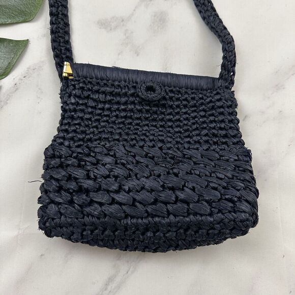 Pappagallo Vintage Woven Purse Bag Navy Blue Cross Body Frame Clasp Italy - Picture 1 of 7